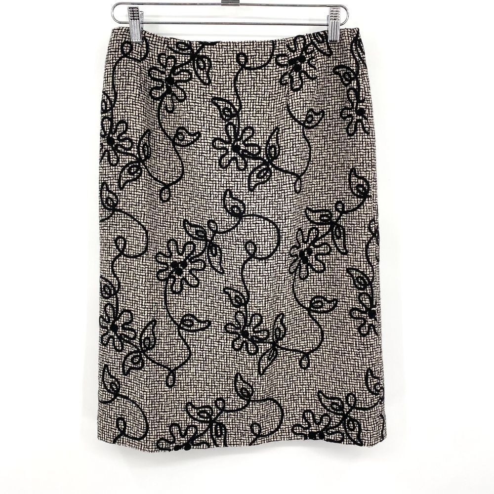 Y2K Talbots Skirt Size 8 Black Floral Embroidered Tweed Wool Pencil Professional